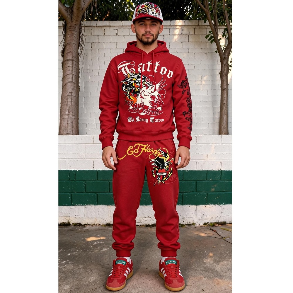 Ed Hardy Men's 77 Tattoo Red Hoodie EHM1300-36 Size M